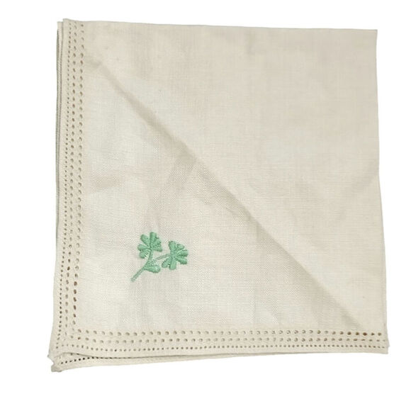 Linen handkerchief with Green flower Cream 11" - Picture 1 of 3